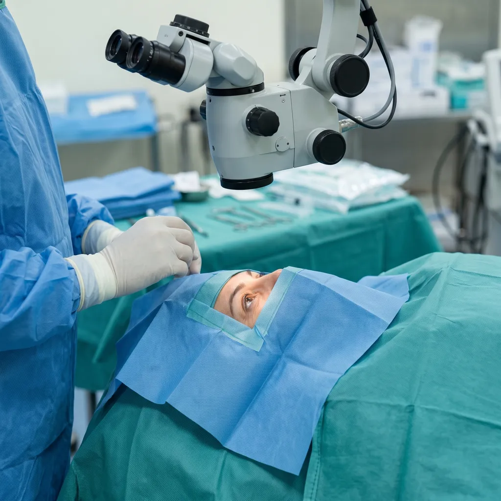 Ameliyathanede mikroskop altında katarakt ameliyatına hazırlanan göz; glokom hastasında katarakt ameliyatı planlaması